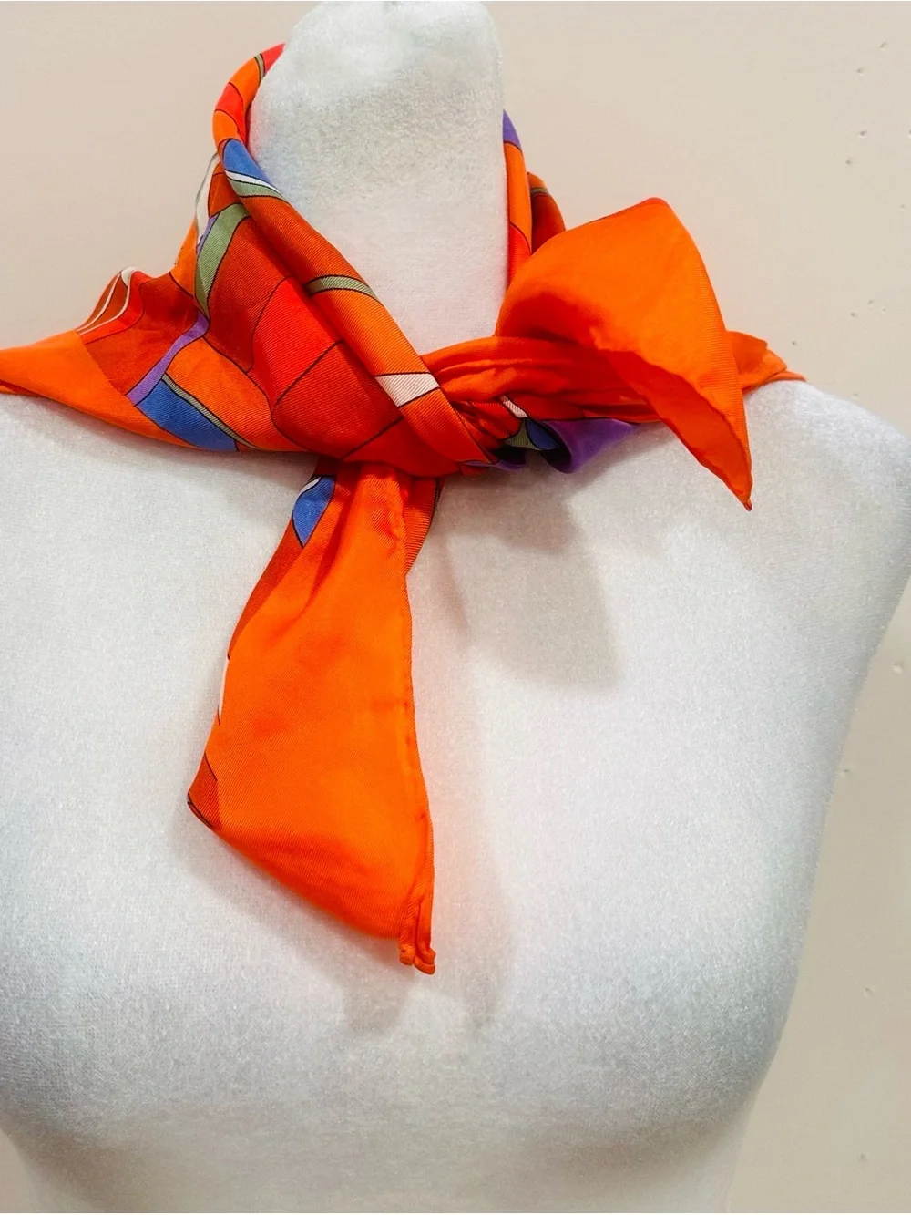 Vintage Echo Silk Scarf Orange Geometric Abstract Square Neck Head Wrap 23x23”